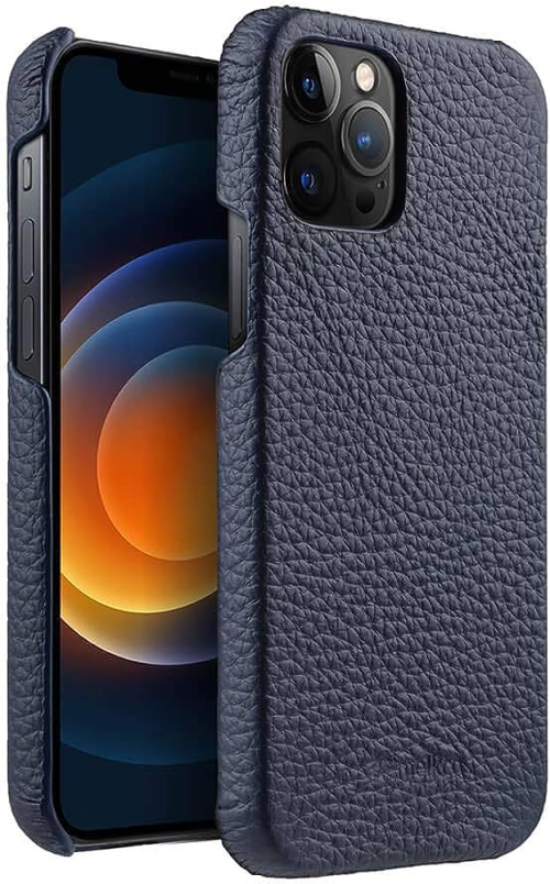 Melkco Back Snap Series Lai Chee Pattern Premium Leather Snap Cover Case For Apple iPhone 13 Pro Max 6.7" - Dark Blue