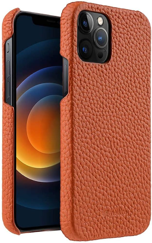 Melkco Back Snap Series Lai Chee Pattern Premium Leather Snap Cover Case For Apple iPhone 12 Pro Max 6.7" - Orange