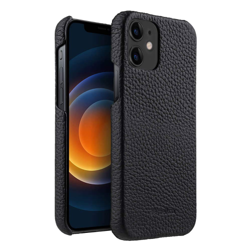 Melkco Back Snap Series Lai Chee Pattern Premium Leather Snap Cover Case For Apple iPhone 12 /12 Pro 6.1" - Black