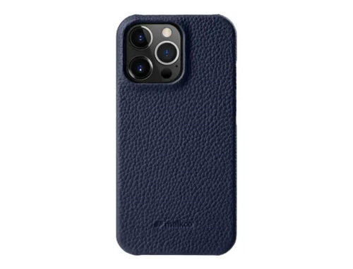 Melkco Back Snap Series Lai Chee Pattern Premium Leather Snap Cover Case For Apple iPhone 14 Pro Max - Dark Blue