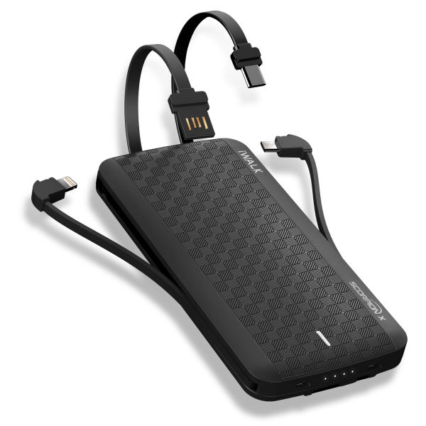 Iwalk Scorpion 8000 Mah Ultra Slim Backup Battery With Built In Lightning + Micro Usb Cable + Type C Cable And With Usb Recharging Cable - Black