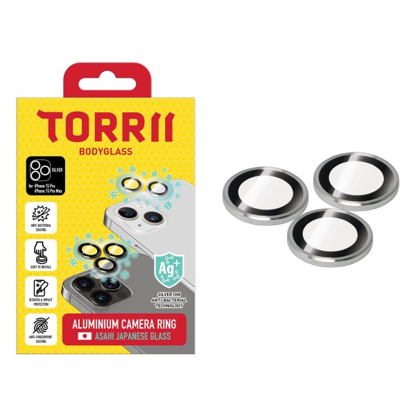 Torrii Bodyglass Camera Lens Protector (Individual Aluminium Ring) Anti-Bacterial Coating For Iphone 15 Pro / Iphone 15 Pro Max – Silver