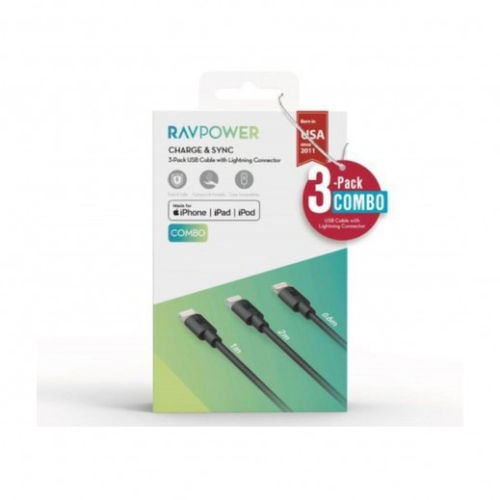 مجموعة (RP-CB045) من 3 كابلات USB-A إلى Lightning  (0.6 م,1 م, 2 م) من RAVPower