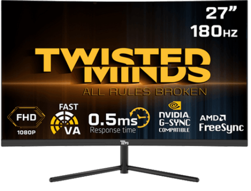 شاشة ألعاب Twisted Minds مقاس 27 بوصة, منحنية,180 هرتز, 1 مللي ثانية, HDMI2.0, HDR (R1500) ,FHD, VA