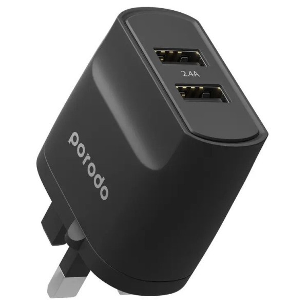 Porodo Blue 3Pin Dual Port Wall Charger 2.4A/12W UK