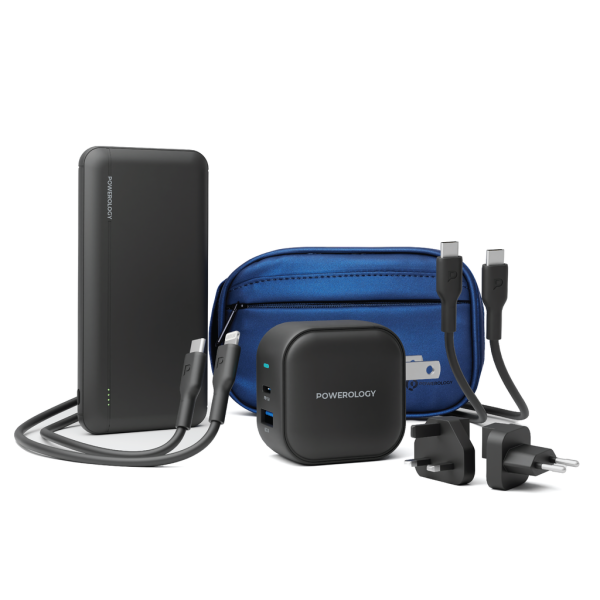 Powerology 5 in 1 Universal Power Combo 10000mAh PD Power Bank & 38W Charger World Travel Kit & Fast Charging PVC Cable