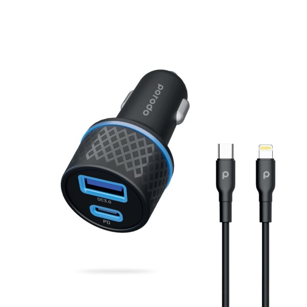 Porodo 45.5W Dual Output Super-Fast Car Charger With Type-C To Lightning Cable