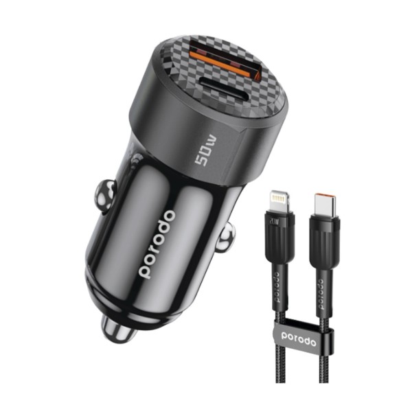 Porodo 50W Dual Port Car Charger Braided Cable Included Type-C to Lightning