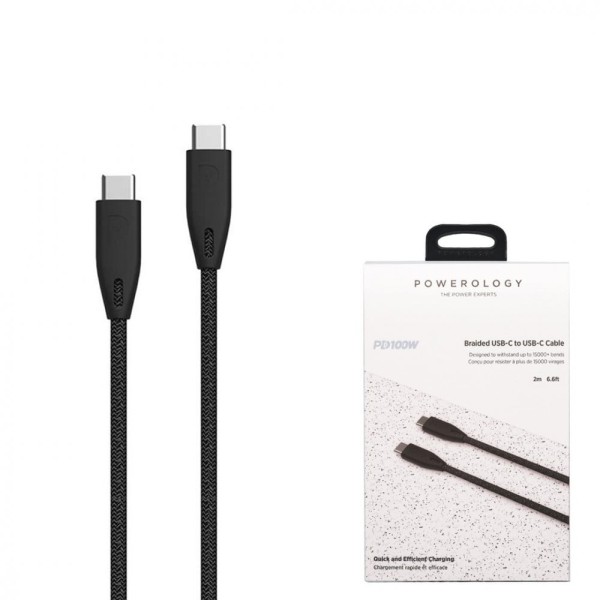 Powerology Braided USB-C to USB-C Cable  Designed to Withstand up to 15000+ bends (2m/6.6ft)