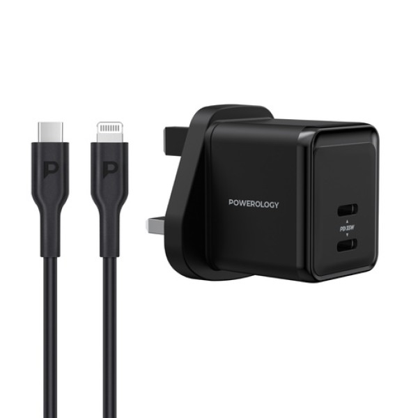 Powerology Super-Compact Gan Charger With (1.2m/4ft) USB-C To Lightning Cable