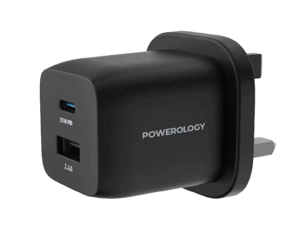 Powerology Dual Port Ultra-Compact Quick GaN Charger USB-A 2.4A + PD 35W with USB-C to Lightning Cable 1.2m/4Ft