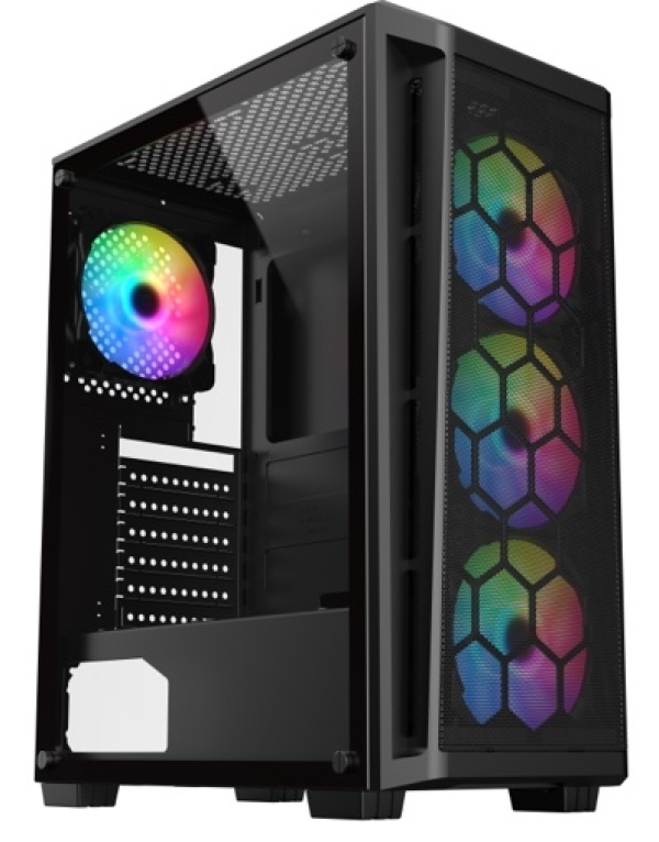 شاركس، صندوق كمبيوتر موديل (ريزر فين) مع 4 مراوح مثبتة بإضاءة ARGB حجم 120ملم مع ريموت تحكم - زجاج مقوى - لون أسود