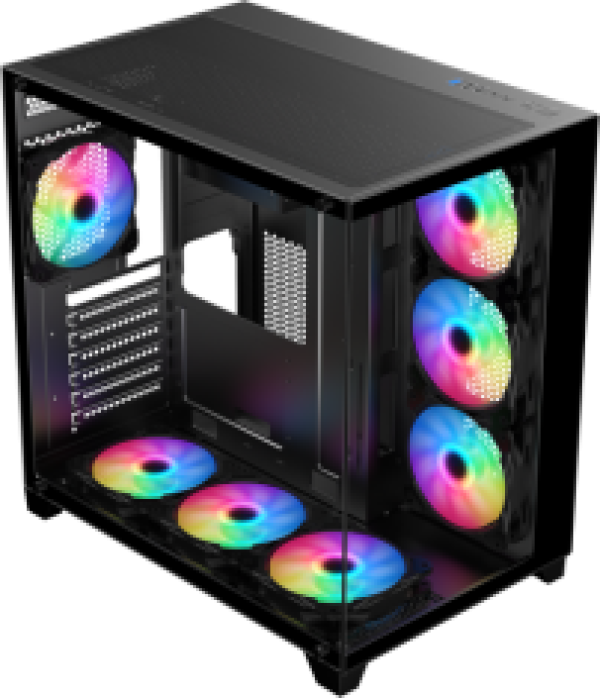 شاركس، صندوق كمبيوتر موديل (برو فين) مع 7 مراوح مثبتة بإضاءة ARGB حجم 120ملم مع ريموت - زجاج مقوى ومنافذ متعددة -  لون أسود