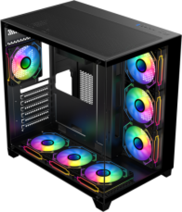 شاركس، صندوق كمبيوتر موديل (برو فين) مع 7 مراوح مثبتة بإضاءة ARGB حجم 120ملم مع ريموت - زجاج مقوى ومنافذ متعددة-  لون أسود