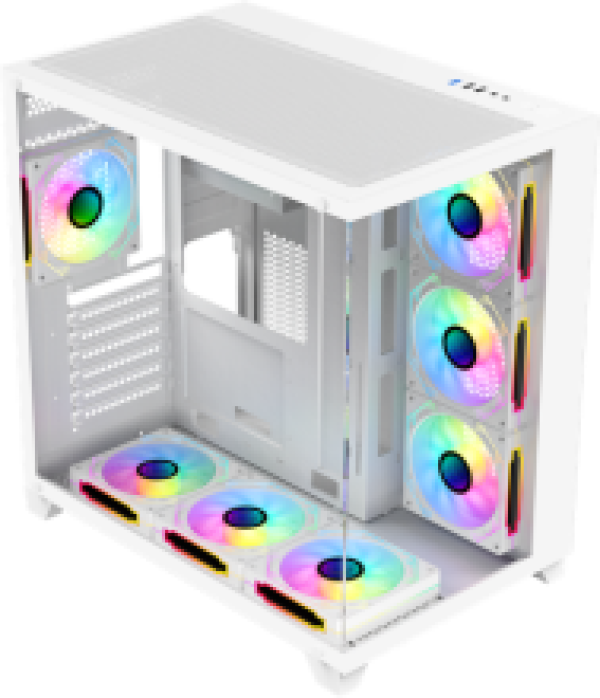 شاركس، صندوق كمبيوتر (برو فين) مع 7 مراوح مثبتة بإضاءة ARGB حجم 120ملم مع ريموت - زجاج مقوى ومنافذ متعددة -  لون أبيض