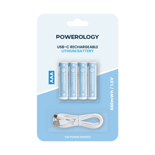 بطارية ليثيوم AAA قابلة لإعادة الشحن بمنفذ USB-C من Powerology (عبوة من 4 قطع)