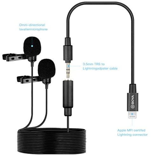 BOYA BY-M2D DIGITAL DUAL OMNIDIRECTIONAL LAVALIER MICROPHONES WITH DETACHABLE LIGHTNING CABLE (IOS)