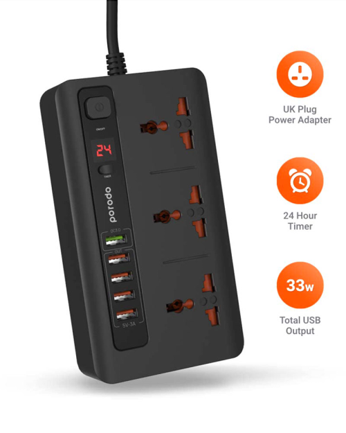 Porodo Black Multi-Socket With Timer 
