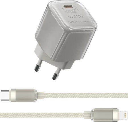 Wi-U017 جيلو 30 واط PD GaN شاحن سريع + مجموعة كابل UK Plug+Type-C إلى Lightning Cable بلون التيتانيوم