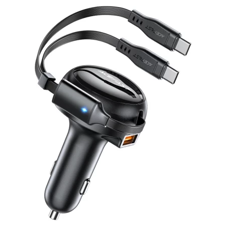 شاحن سيارة B13 53 واط 2 في 1 (2*USB-C) مع كابل قابل للسحب, اسود