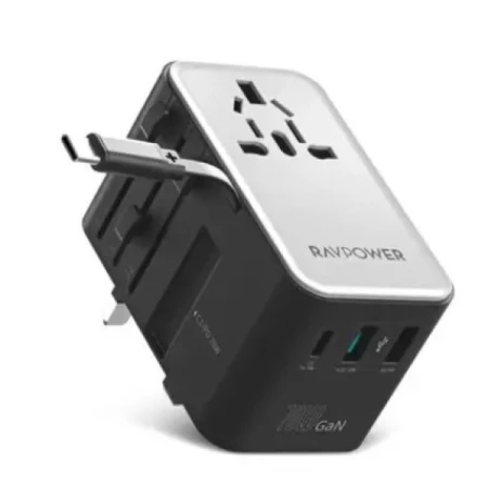 راف باور RP-PC1061 شاحن سفر GaN PD70W مع كابل C-C قابل للسحب، أسود