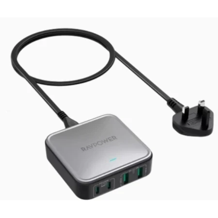 راف باور RP-PC1042 شاحن سطح مكتب بتقنية (GaN PD)، 100 واط، 4 منافذ، أسود
