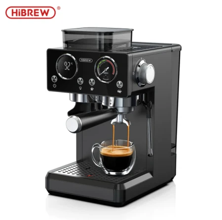 هايبرو ماكينة إسبريسو H2O مع مطحنة مدمجة - كوب واحد/كوبين، تحكم PID في درجة الحرارة ورغوة الحليب